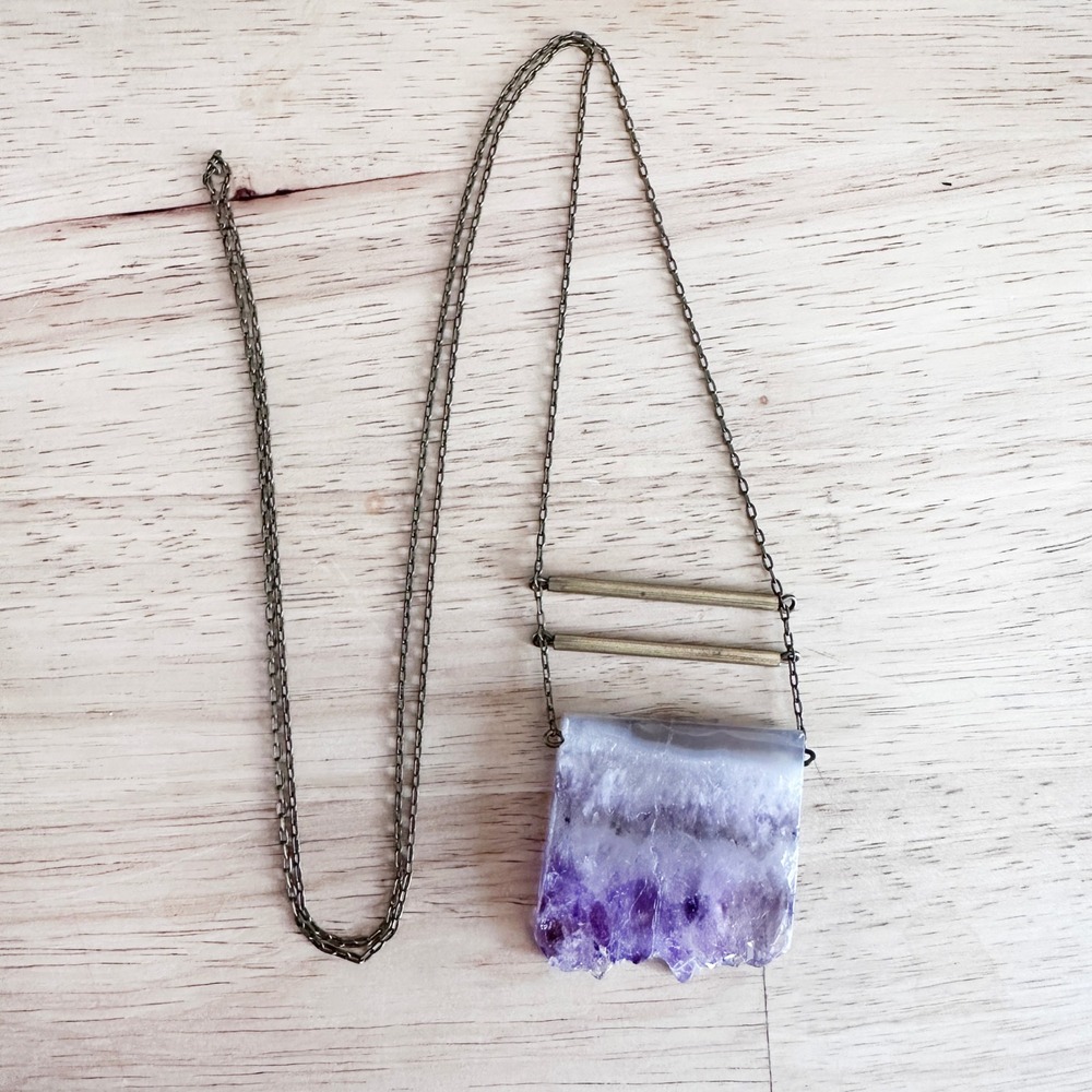 Natural Amethyst Quartz Slice Necklace Brass‎ Bar Antique Gold Chain 28" Purple